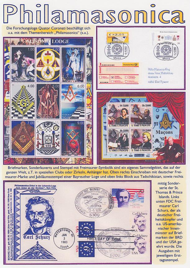 Briefmarken und Stempel mit Freimaurer-Symbolik